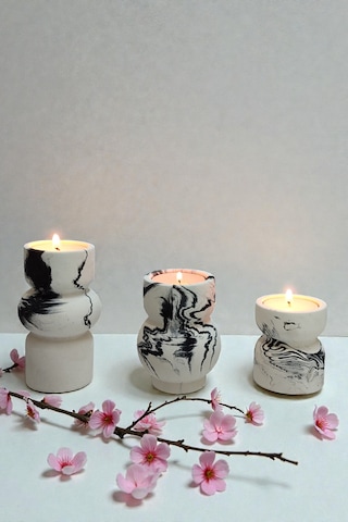 3lü Tealight Mumluk Seti - Dekoratif Beton Mumluk - Mumlar Dahildir Beyaz - Siyah