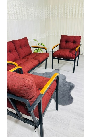 Madame Home Kalanşo Balkon, Bahçe,teras,cafe - Salon - Metal Kanepe Koltuk Takımı Çay Seti 2+1+1 Bordo