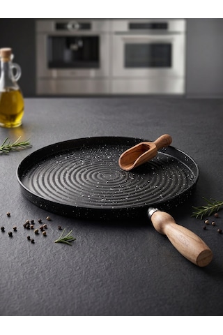 Tektava Granit Kaplama Ahşap Saplı Bazlama&gözleme Tavası 36 Cm Siyah-36 Cm