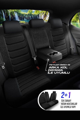 Siyah - Siyah Panda Manavgat Serısı Lakos Kumaş Oto Koltuk Kılıfı - Tam Set