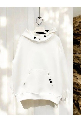 Zekids Çocuk Çıtçıt Detaylı Kapüşonlu Pamuklu Sweatshirt-14837 Ekru