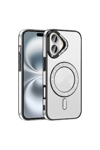 Apple Uyumlu iPhone 16 Plus Kılıf Pırlanta Taş Tasarımlı Kablosuz Şarj Özellikli Karetta Silikon Kapak