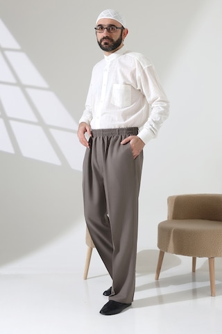 Erkek Beli Lastikli Cepli Hac Umre Kumaş Şalvar Pantolon - Toprak Isr Vizon