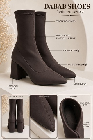 Dabab Shoes Rachel Kadın Acı Kahve Sivri Burun Dalgıç Streç 7 Cm Kalın Topuklu Çorap Bot Bootie Kahverengi