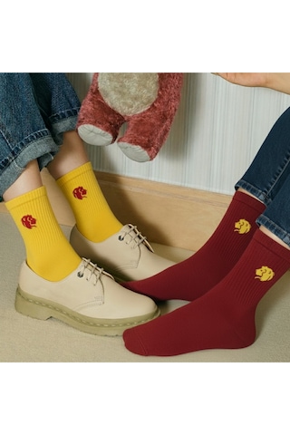Taraftar 6 Çift Kutulu Sarı Kırmızı Aslan Nakışlı Casual Yazlık Kışlık Unisex Soket Tenis Çorap Çok Renkli