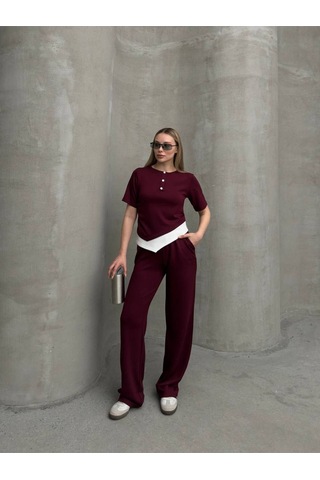 Kadın Modal Kumaş Düğme Detaylı Alt - Üst Takım Bordo