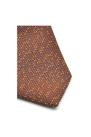 Gaffy Beyaz Noktalı Mavi Kareli Kahverengi Dokuma Kumaş Mendilli Slim Fit Kravat // SDK-240101 Kahverengi