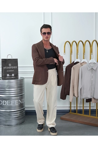 Modefendi %100 Pamuk Keten Modern Fit Keten Ceket Kahverengi