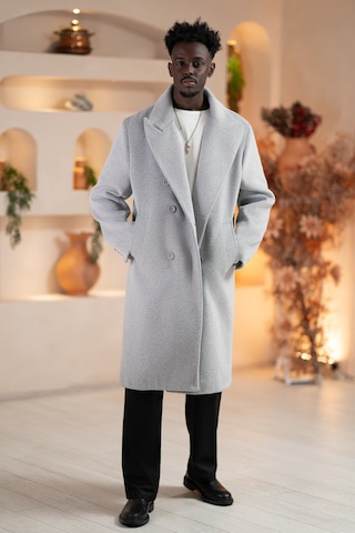 İtalyan Geniş Yaka Oversize Bol Kesim Salaş Uzun Kaban Gri