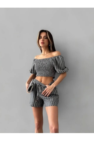 Adisia Kadın Antrasit Ikili Keten Crop Şort Astarlı Alt Üst Takım Antrasit