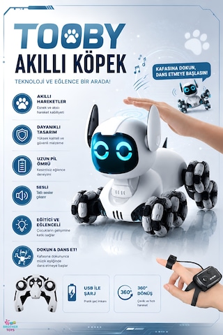 Uzaktan Kumandalı Bilek Kontrollü 8 Tekerli Akrobat Tooby Oyuncak Robot Köpek Araba 26 Cm. Tooby Gri