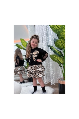 Nehirim Kids Kız Çocuk Uzun Kollu Leoparlı Ve Dantelli Salopet Mevsimlik Elbise 3-4-5-6-7-8-9-10 Yaş Siyah