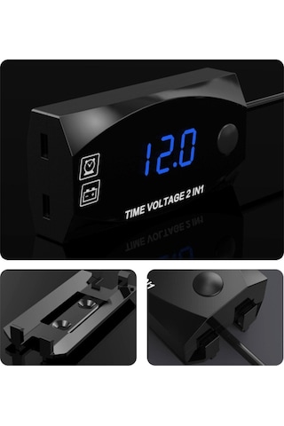 Motosiklet Çok Fonksiyonlu 2'si 1 Arada Dijital Ekran Voltmetre + Elektronik Saat, 6-30v Ip67 Açık Mavi