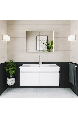 Banos Al3 Lavabolu Beyaz 100 Cm Aynalı Banyo Dolabı Takımı Beyaz