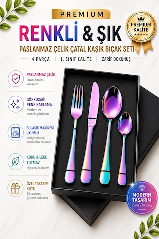Premium Paslanmaz Çelik Çatal, Kaşık Ve Bıçak Seti Modern Gökkuşağı Renk 4 Parça