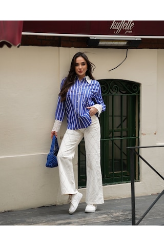 Kadın Kol Ve Yaka Vintage Detaylı Gömlek Indigo