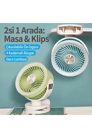 Tgx-3504 2'si 1 Arada Masaüstü Ve Klipsli Şarjlı Vantilatör - Gece Lambalı, 4 Kademeli Sessiz Fan Yeşil