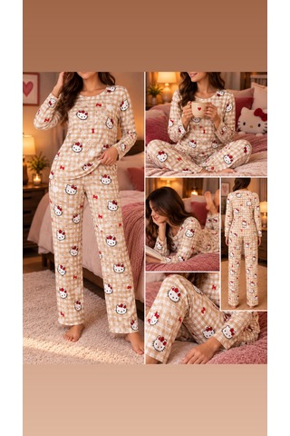 Lila İç Giyim Kadın Kareli Desenli Baskılı Uzun Kollu Pijama Takımı Rahat Ev Giyim Seti Krem