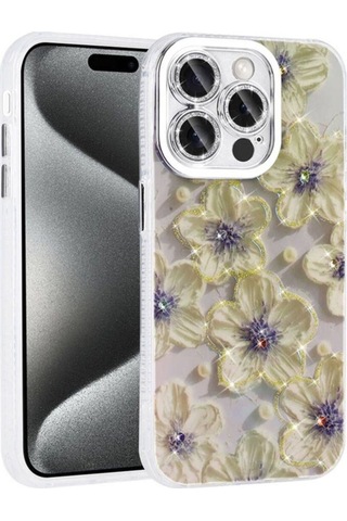 Apple Uyumlu iPhone 15 Pro Kılıf Çiçek Desenli Parlak Taşlı Sert Silikon Zore Garden Kapak Mavi