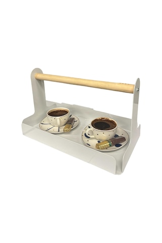 Ahşap Saplı Beyaz 30x17cm Metal Servis, Sunum, Dekoratif Tepsi Çok Renkli