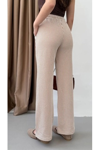 Yandan Cepli Beli Bağcıklı Su Yolu Kadın Çizgili Pantolon Kahverengi