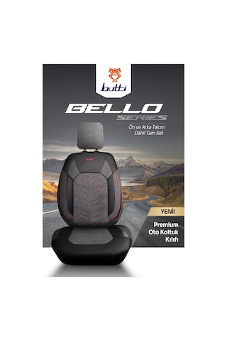 Siyah - Kırmızı Butti Bello Serisi Keten Kumaş Premium Oto Koltuk Kılıfı Ortopedik Destekli, Ön Arka Tam Set