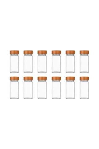 Bambu Kapaklı Cam Baharatlık Seti 12 Adet, Şeffaf Kare Baharat Kavanozu, Plastik Delikli İç Kapaklı Kontrollü Döküm Sistemi, 11x4x4 Cm Mutfak Düzenleyici Baharat Saklama Kabı Seti