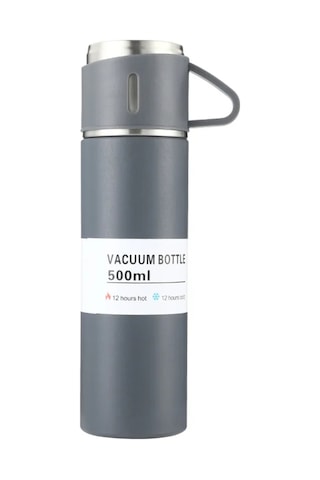 Paslanmaz Çelik 3 Bardaklı Vakumlu Termos Set 500 Ml, 12 Saate Kadar Isı Koruma Termos Gri Gri