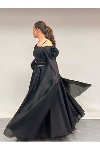 Kız Çocuk Abiye Siyah Uzun Askılı Kolları Çıkabilen Pelerinli Şifon Abiye Elbise 10-15 Yaş Siyah