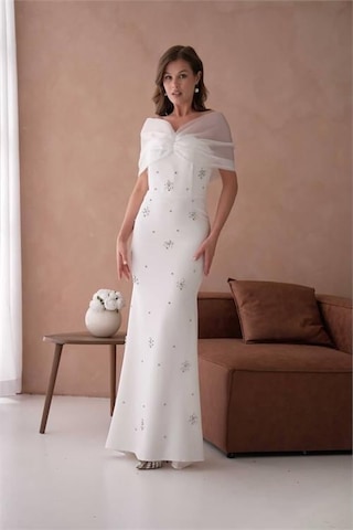 Dip Moda Dipmoda Kadın Beyaz Tül Ve Taş Detaylı Abiye Elbise Dpnbs9372 Beyaz
