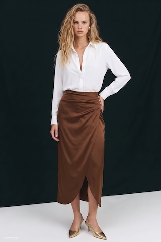 Sateen Düğme Detaylı Saten Etek - Kahve-138036