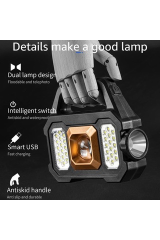 Xindoker Güneş Enerjili Çok Fonksiyonlu Fener: 500 Lumen Led, Su Geçirmez, Powerbank, Cob Yan Işık - Altın 2205a Altın