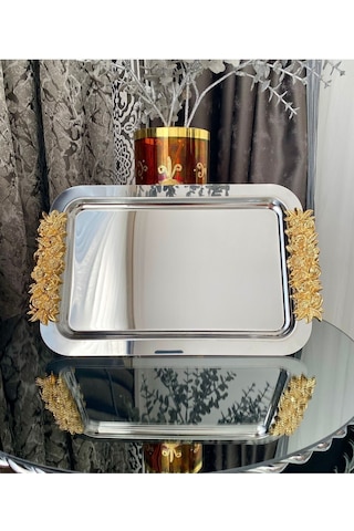 Atabey Home Collection 1 Adet Tekli Kahve & Çay & Sunum Dikdörtgen Büyük Sunum Tepsisi Çelik Gül Model Gold 30 Cm