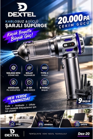 20.000 Pa Şarjlı El Süpürgesi - Hava Üfleyici - Çantalı - 12 Parça Aksesuarlı - 6000 Mah Bataryalı Gri