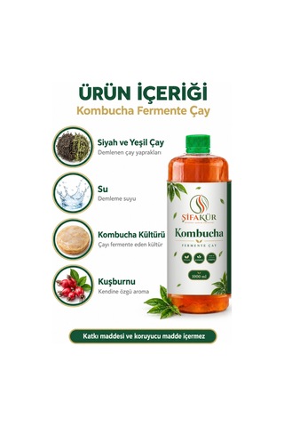 Kombucha Kamboça Çayı İçime Hazır Fermente Sıvı İçecek Kuşburnulu 1 L 1000 Ml