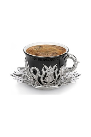Türk Kahvesi Fincan Takımı Lale Desenli 6 Kişilik Metal Gümüş-siyah Ahsen Model