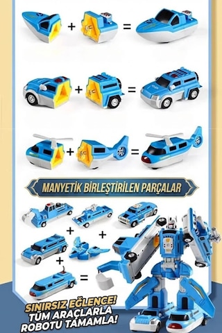 Manyetik Dönüşen Robot Araba Seti 21 Parça Sök Tak Eğitici Oyuncak - Kutulu Polis Merkezi