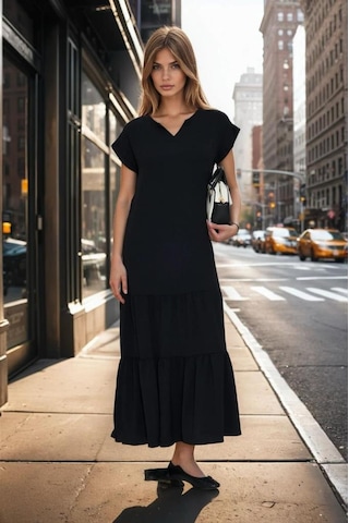 Kadın Uzun Eteği Fırfırlı Kısa Kol Apolet Detaylı Salaş Günlük Rahat Elbise 3761366 Siyah