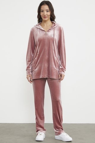 Tam Fermuarlı Tunik Boy Kadife Eşofman Takım - Pudra 001