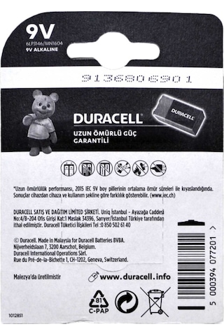 Duracell 6LP3146/MN1604 Alkalin 9V Pil 5'li