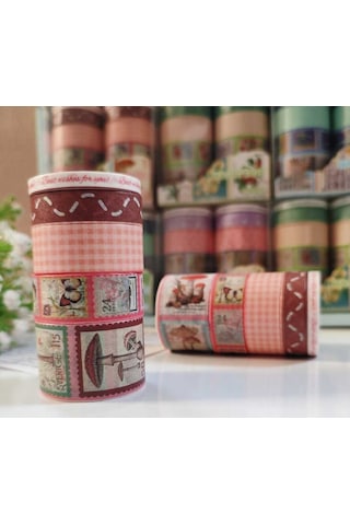 Vintage Washi Tape Bant Baskılı Yapışkanlı Maskeleme Kağıdı Desenli Bant 10'lu - Bordo Pul Mektup 1