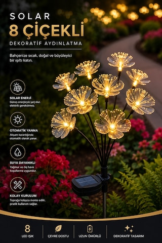Solar 8 Çiçekli Bahçe Aydınlatması, Güneş Enerjili Led Dekoratif Çiçek Lamba, Suya Dayanıklı Dış Mekan Bahçe Yolu Peyzaj Işığı Sarı