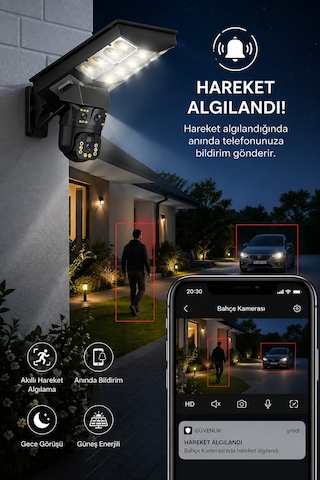 4g Sim Kartlı 20 Watt Solar Panelli Sokak Aydınlatmalı Çift Kameralı Çakarlı Güvenlik Kamerası