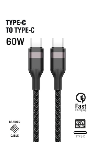 Type C Type C 60 W Örgü Data Ve Şarj Kablosu 1m Siyah