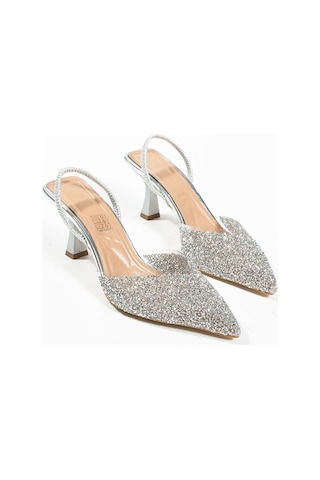 Duxal Shoes London Cam Kırıntıları Detay Arkası Açık Topuklu Ayakkabı GÜMÜŞ