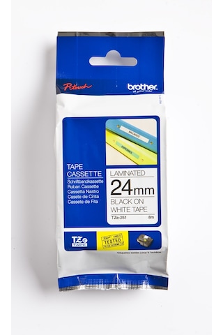 BROTHER P-TOUCH TZE-251 TZE-TAPE 24 MM BEYAZ ÜZERİNE SİYAH LAMİNASYONLU ETİKET