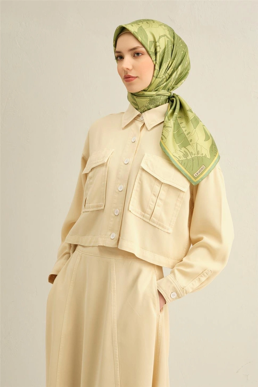 Armine Çiçek Desenli Saf İpek Sura Eşarp 9353d 56 Yeşil