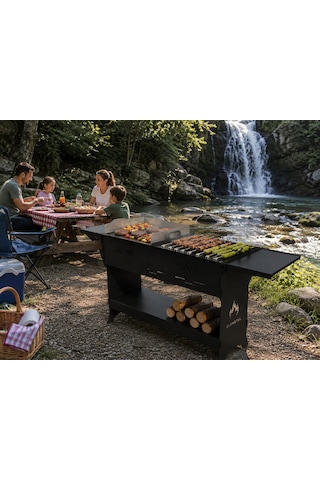 Premium Bahçe Piknik Kamp Mangalı 3 Mm Çelik Gövde Krom Izgaralı 120 Cm Siyah