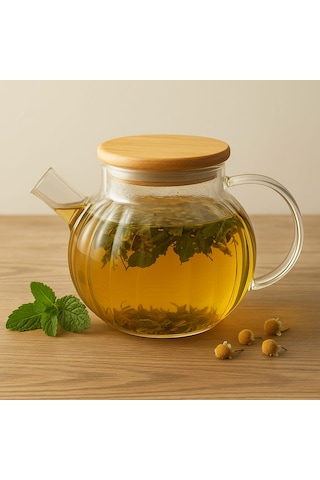 Dekorasyaa Isıya Dayanıklı Süzgeçli Cam Bambu Demlik 1000ml Cam
