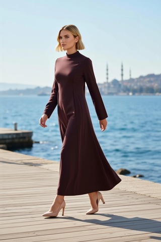 Benerly Kadın Maxi Boy Bisiklet Yaka Uzun Kollu Modal Dokuma Elbise Astar Bordo